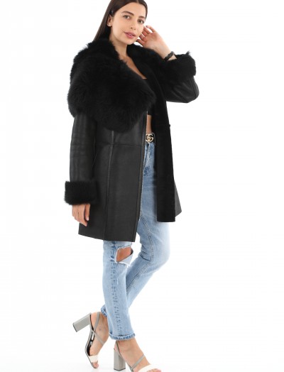 Black Women's Hooded Fur Leather Coat