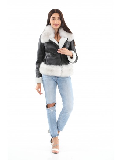 White Fur Collar Short Leather Women's Coat