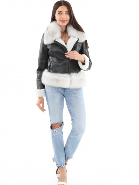 White Fur Collar Short Leather Women's Coat